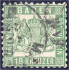 Deutschland
Altdeutschland
Baden
18 Kreuzer Wappen 1862, sauber gestempelt, kleine Mängel, seltene Farbe ,,b" (dunkelgelblichorange). Fotobefund St...