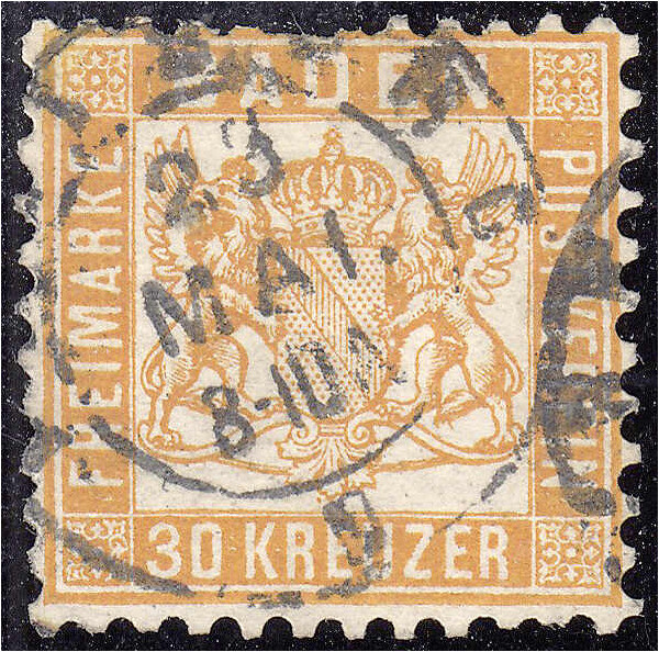 Deutschland
Altdeutschland
Baden
30 Kreuzer 1862, sauber entwertet mit Zweikr...