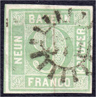 Deutschland
Altdeutschland
Bayern
9 Kreuzer 1850, gestempelt, Farbe hell- bis mittelolivgrün, Type III. Kurzbefund Sem BPP >einwandfrei