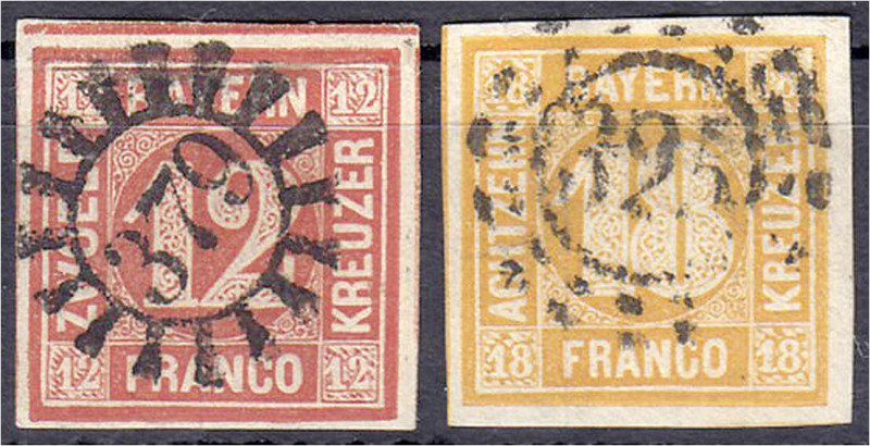 Deutschland
Altdeutschland
Bayern
12 Kr. und 18 Kr. Freimarken 1850, zwei ges...