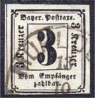 Deutschland
Altdeutschland
Bayern
3 Kr. Portomarke 1862, sauber gestempelt, Luxuserhaltung. Kurzbefund Stegmüller BPP >einwandfrei