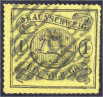 Deutschland
Altdeutschland
Braunschweig
1 Sgr. Wappen im waager. Oval 1861, sauber gestempelt, Versuchs-Durchstich ,,B", laut Fotoattest Grobe hand...