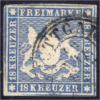 Deutschland
Altdeutschland
Württemberg
18 Kreuzer Wappen 1857, sauber gestempelt, bessere Farbe ,,b". Fotobefund Heinrich BPP (2020) >Links oben Ra...