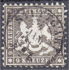 Deutschland
Altdeutschland
Württemberg
9 Kreuzer Wappen 1863, sauber gestempelt, Farbe ,,d" (dunkelgraubraun bis schwarzbraun). Kurzbefund Heinrich...
