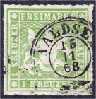 Deutschland
Altdeutschland
Württemberg
1 Kreuzer Wappen 1865, sauber gestempelt, Doppelkreisstempel ,,WALDSEE 15.11.68", bessere Farbe ,,b". Kurzbe...