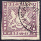 Deutschland
Altdeutschland
Württemberg
70 Kreuzer 1873, sauber gestempelt, Farbe ,,b", in allen Teilen echt, nicht repariert. Oben und links schmal...