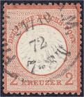 Deutschland
Deutsches Reich
2 Kreuzer kleiner Brustschild 1872, sauber gestempelt, geprüft Georg Bühler. Mi. 400,-€.
gestempelt. Michel 8.