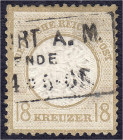 Deutschland
Deutsches Reich
18 Kreuzer großer Brustschild 1872, sauber gestempelt mit dreizeiligem Rahmenstempel von ,,FRANKFURT A. M. WETENDE.. .. ...
