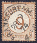 Deutschland
Deutsches Reich
9 Kreuzer großer Brustschild 1874, zentrisch gestempelt ,,FRANKFURT A/M 28/9 74 4-5N", die Marke ist farbfrisch, deutlic...