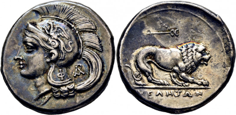 VELIA en Lucania. Didracma ítalo-tarentino. 350-251 a.C. Cabeza galeada de Atene...