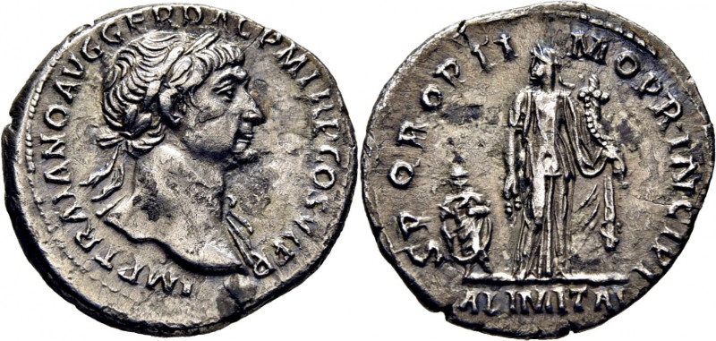 ROMA IMPERIO. Trajano. Denario. 112-114 d.C. Busto laureado y con ínfulas a dere...