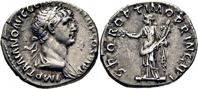 ROMA IMPERIO. Trajano. Denario. 112-114 d. C. Busto laureado y con ínfulas a der...