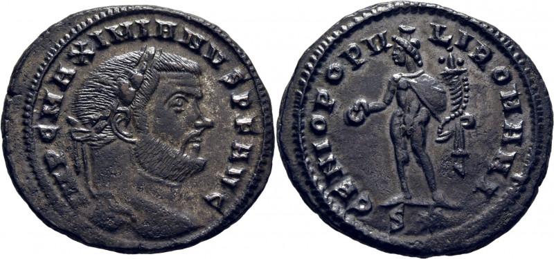 ROMA IMPERIO. Maximiano Hercúleo. Siscia y estrella. Follis. 295-96. Busto, real...