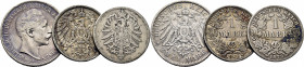 ALEMANIA. Prusia. Guillermo II. 2 marcos. 1905 A. 1 marco. 1873 D y 1906…Lote de 3