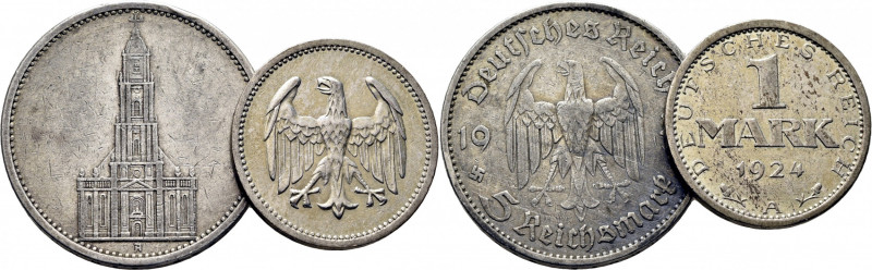 ALEMANIA. 5 marcos. 1935 A. Catedral. K83 (17$). 1 marco. 1924 A. K42 (15/30$). ...