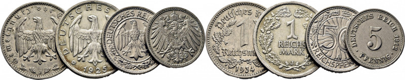 ALEMANIA. 1 marco. 1925 J. K44 (+25$). 1 marco. 1934 J. K78 (10$). 50 pfennig. 1...