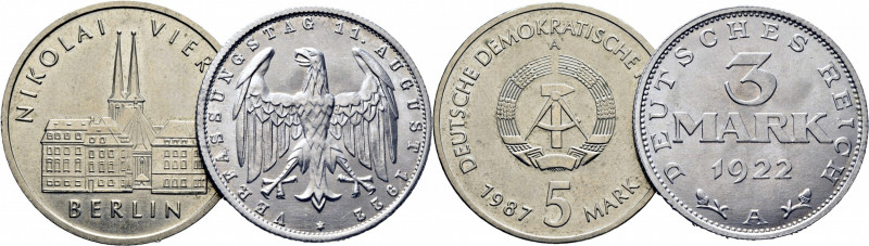 ALEMANIA. 3 marcos. 1922 A. Águila. K28 (30$). REP. DEMOCRÁTICA. 5 marcos. 1987....