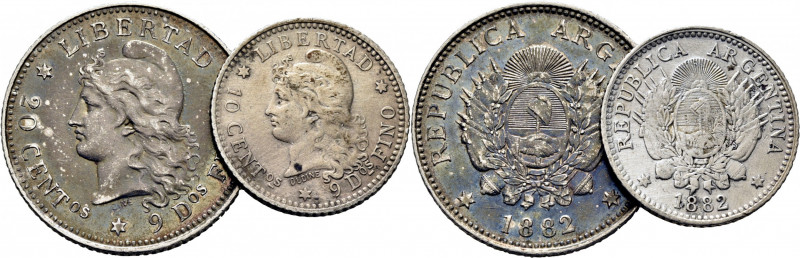 ARGENTINA. 20 centavos. 1882. La República y escudo. K27 (15$). 10 centavos. 188...