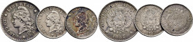 ARGENTINA. 20 centavos. 1883. La República y escudo. 10 centavos. 1882 y 1883. Lote de 3
