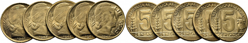 ARGENTINA. Cabeza de Libertad. 5 centavos. 1947. K40 (4$ x 5=20$). SC/FDC, brill...