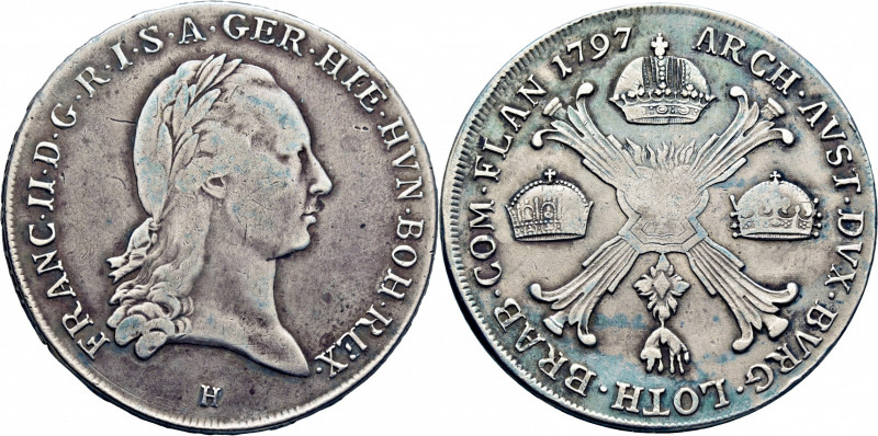 AUSTRIA. Francisco II. Kronentaler. H= runzburg. 1797. K62.1. Leve verdín superf...
