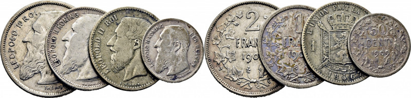 BÉLGICA. Leopoldo II. 1 franco. 1867. K28.1. 2 francos. 1909. K59 (14$). 1 franc...