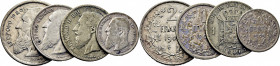 BÉLGICA. Leopoldo II. 1 franco. 1867. 2 francos. 1909. 1 franco. 1904. Lote de 4