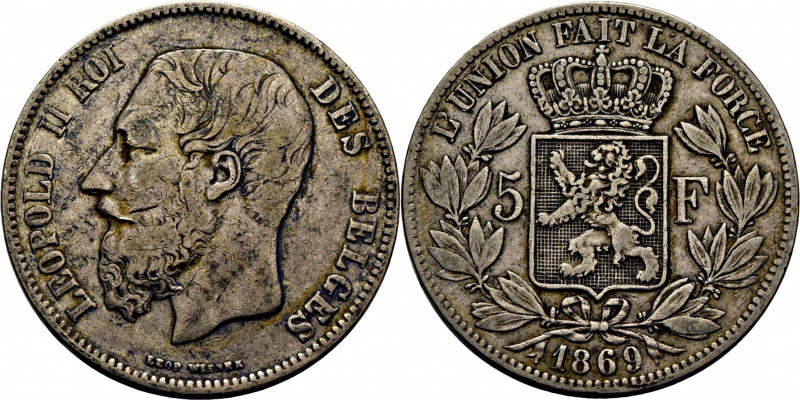 BÉLGICA. Leopoldo II. 5 francos. 1869. K24. Alguna rayita en anverso. MBC/MBC+. ...