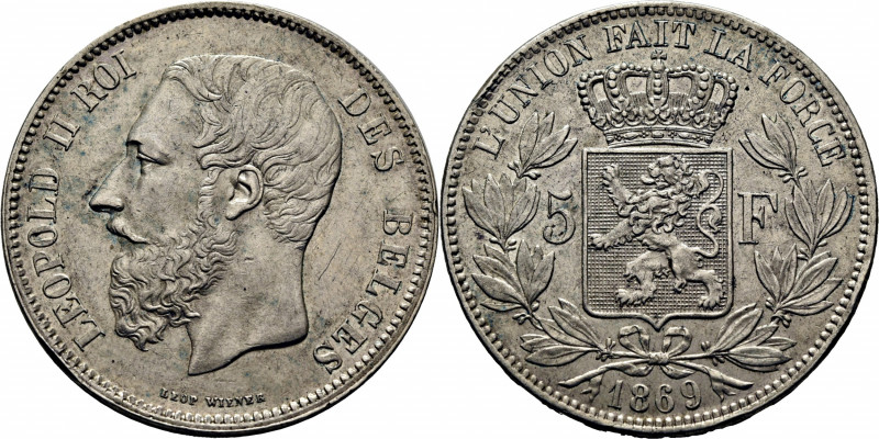 BÉLGICA. Leopoldo II. 5 francos. 1869. K24. Rayita en anverso. Dos golpes en can...