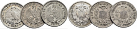 CHILE. 20 céntimos. Santiago. Condor y escudo. 1866, 1878 y 1879. Lote de 3
