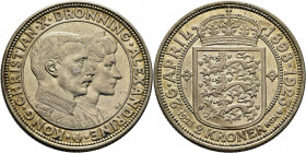DINAMARCA.  Cristian X y Alejandra. 2 krone. 1898-1923. Bodas de plata. EBC