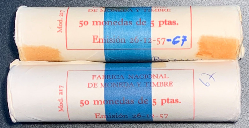 ESTADO ESPAÑOL. 5 pesetas. 1957*67. Dos cartuchos de la FNMT. Cy17852 (300€). SC...