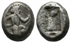 Achaemenid Kingdom. ca.455-420 BC. AR Siglos (14mm, 5.49g). Persian king or hero in kneeling / running stance right, holding dagger and bow. / Incuse ...