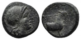 Aeolis, Aigai. 2nd-1st centuries BC. Æ (11mm, 1.61g). Helmeted head of Athena right. / AIΓAE. Forepart of a goat right. SNG München 363; SNG Copenhage...