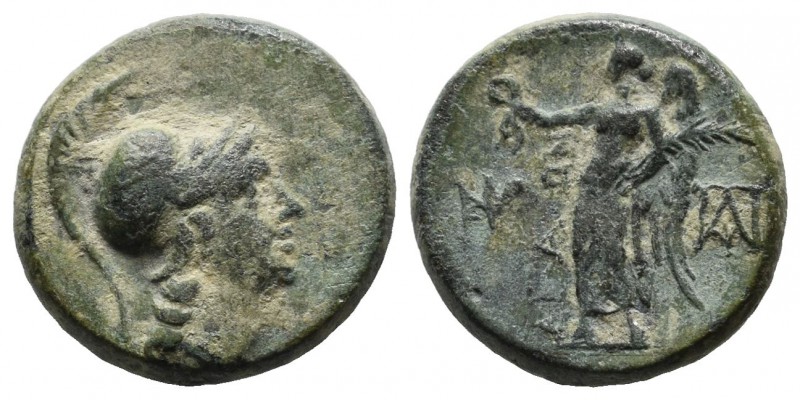 Aeolis, Aigai. 2nd-1st centuries BC. Æ (15mm, 3.62g). Helmeted head of Athena ri...