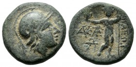 Aeolis, Aigai. ca.2nd-1st centuries BC. Æ (16mm, 4.66g). Helmeted head of Athena right. / AIΓAIEΩN. Zeus standing facing, holding eagle and sceptre; t...