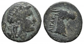Aeolis, Aigai. ca.4th-3rd centuries BC. Æ (16mm, 3.63g). Laureate head of Apollo right; behind, monogram in circle. / AIΓΑE. Head of goat right. Cf. S...