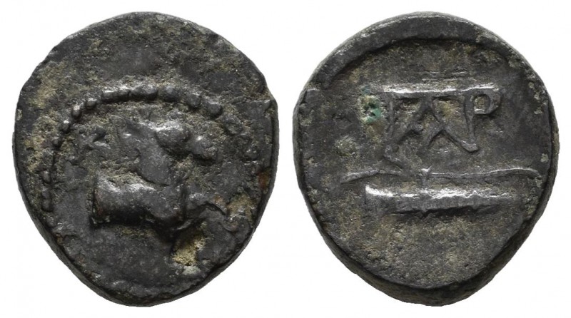 Aeolis, Kyme. 1st century BC. Æ (13mm, 2.20g). KY. Forepart of horse right / Bow...