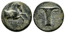 Aeolis, Kyme. ca 350-250 BC. Magistrate Zopirion. Æ (16mm, 4.08g). KY - ZΩΠYΡIΩN above and beneath forepart of horse right. / One-handled cup, NΠA mon...