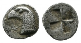 Aeolis, Kyme. ca.480-450 BC. AR Obol (8mm, 0.42g). Eagle’s head left, KY in left field / Quadripartite incuse square. SNG Copenhagen 31.