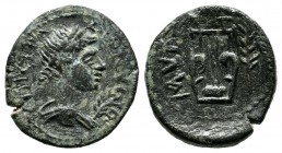 Aeolis, Myrina. Pseudo-autonomous, 2nd century AD. Æ (16mm, 2.04g). Dionysios, strategos. ЄΠΙ СΤΡ ΔΙOΝVСΙOV. Laureate and draped bust of Apollo right;...