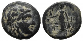 Aeolis, Temnos. 2nd-1st centuries BC. Æ (16mm, 4.59g). Wreathed head of Dionysos right / Δ - H / T - A. Athena standing left with Nike and spear; shie...