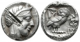 Attica, Athens. ca.454-404 BC. AR Tetradrachm (25mm, 17.58g). Helmeted head of Athena right, with frontal eye / Owl standing right, head facing; olive...
