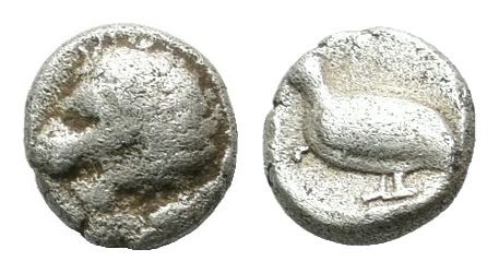 Caria, Mylasa. ca.420-390 BC. AR Tetartemorion (4mm, 0.16g). Head of lion left. ...