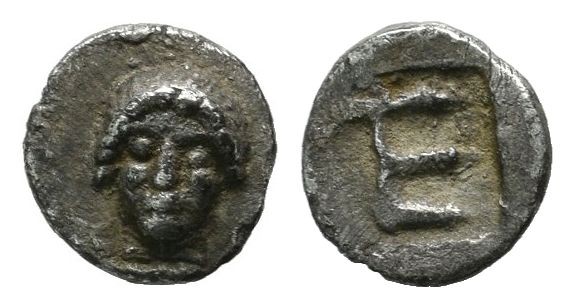 Ionia, Kolophon. ca.450-410 BC. AR Hemiobol (6mm, 0.23g). Facing laureate head o...