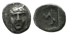 Ionia, Kolophon. ca.450-410 BC. AR Hemiobol (7mm, 0.45g). Facing laureate head of Apollo. / Monogram (mark of value) within incuse rectangle. Milne, C...