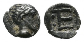 Ionia, Kolophon. ca.450-410 BC. AR Tetartemorion (6mm, 0.25g). Laureate head of Apollo right. / TE monogram; two pellets to left; all within incuse sq...