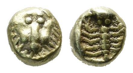 Ionia, Miletos. ca.600-550 BC. EL 1/48th Stater (5mm, 0.32g). Facing lion's head...