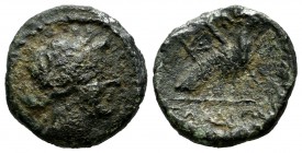 Ionia, Samos. ca.29-20 BC. Æ (16mm, 2.90g). Head of Hera right, wearing stephane. / ΣΑΜΙΩΝ. Peacock standing right on caduceus; monogram before, fille...