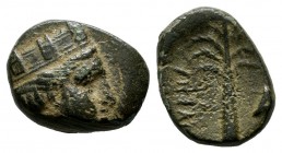 Ionia, Smyrna (or Tyre?). ca.3rd century BC. Æ (12mm, 1.43g). Turreted head of Tyche right. / Palm tree, Δ to right.